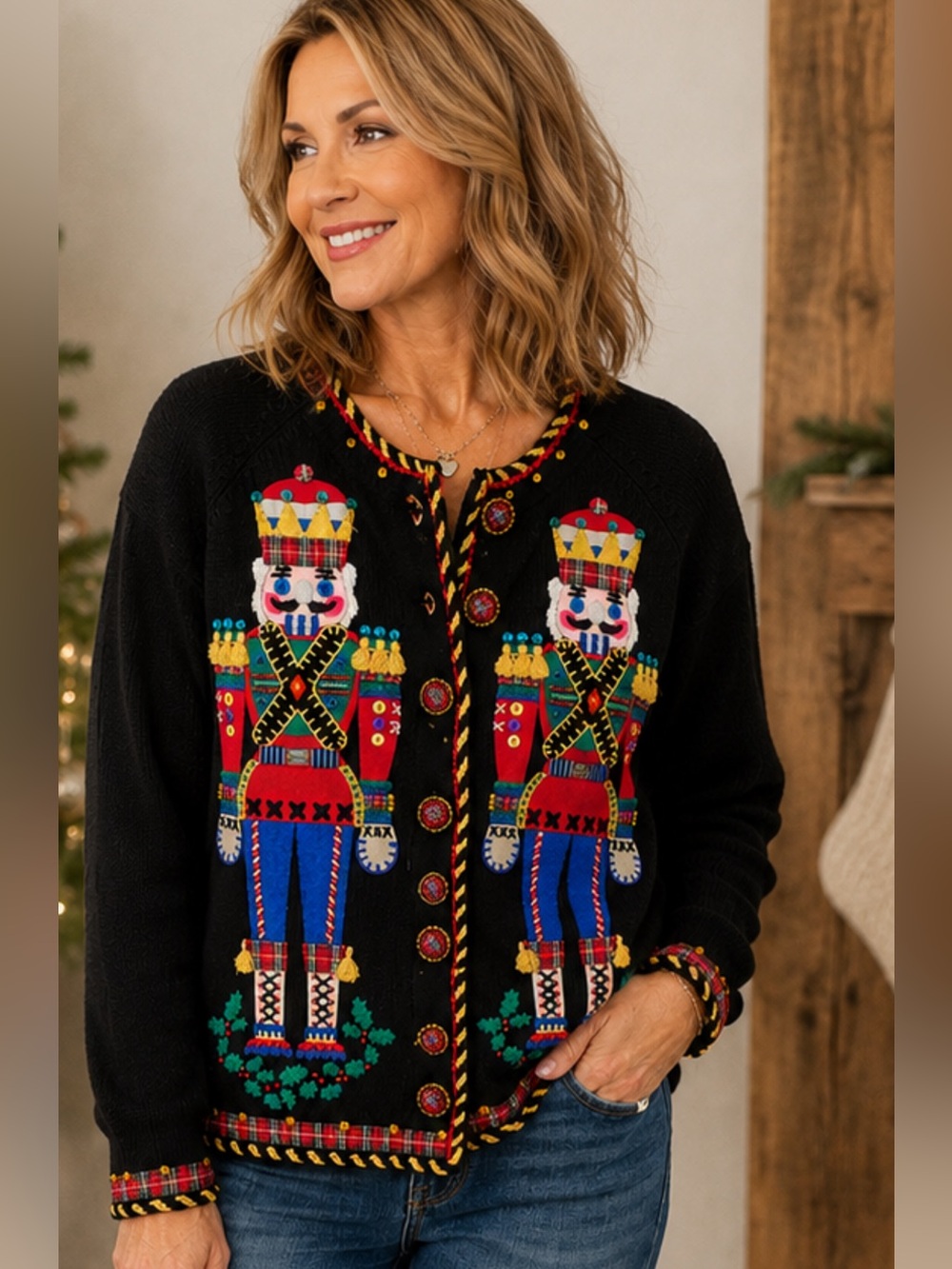 Michael Simon Petites Nutcracker Christmas Cardigan Sweater Vintage 1996 P/P